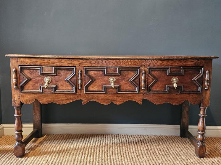 George I Oak Geometric Moulded Three Drawer Dresser - Image 3