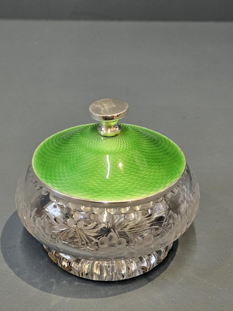 Engine Turned Green Enamel Table Jar - Image 1