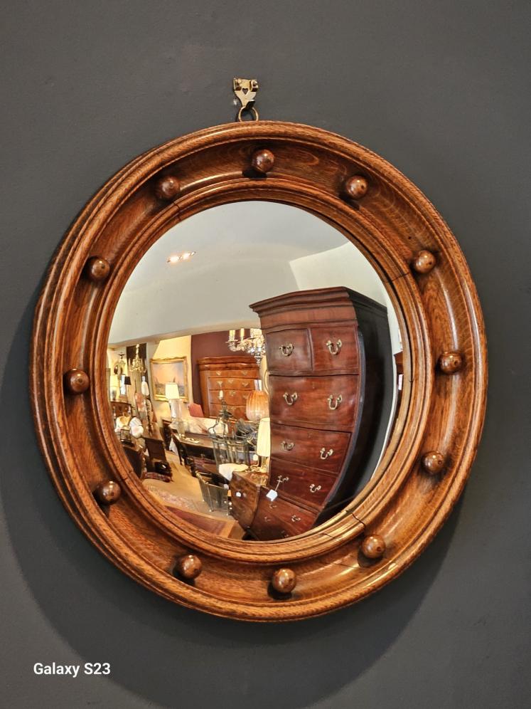 Victorian Oak Framed Convex Mirror in the Manner of Heals - Image 4