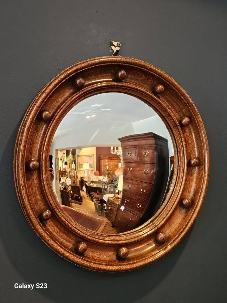 Victorian Oak Framed Convex Mirror in the Manner of Heals - Image 1