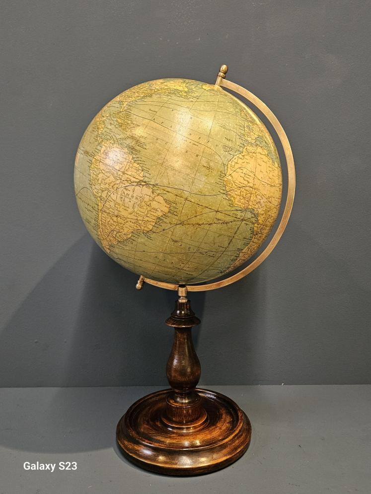 1920's Bacon's 12" Plaster Globe on Walnut Foot - Image 11