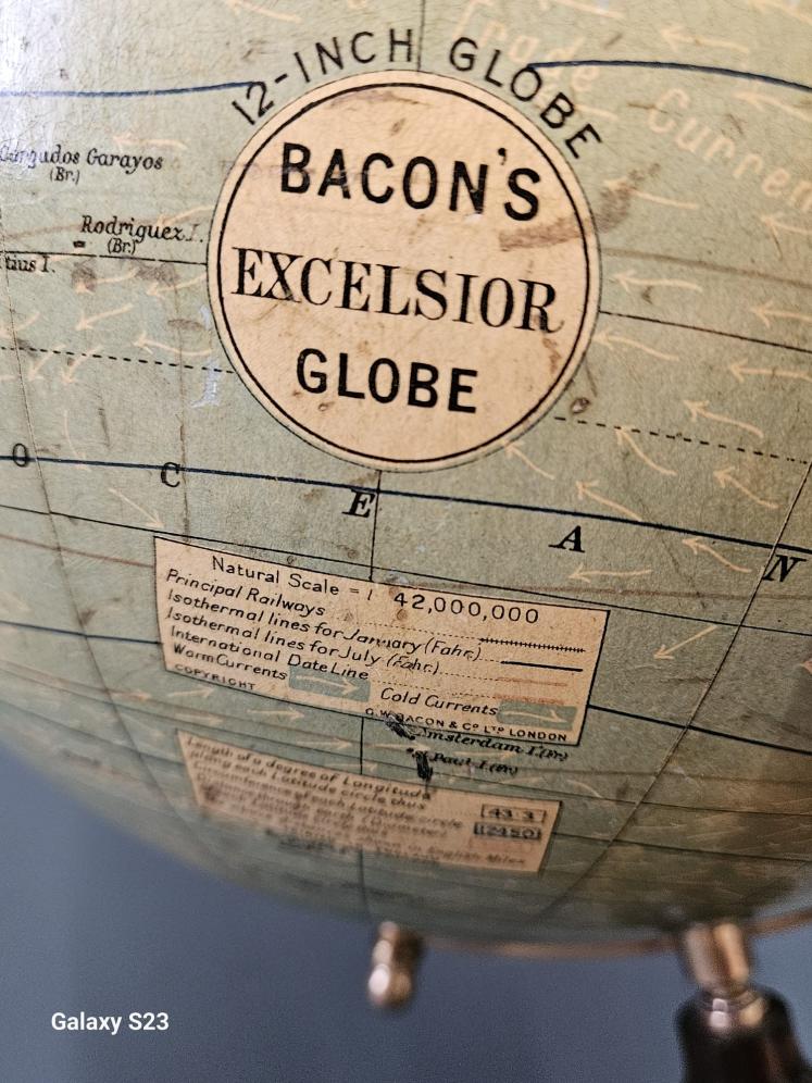 1920's Bacon's 12" Plaster Globe on Walnut Foot - Image 3