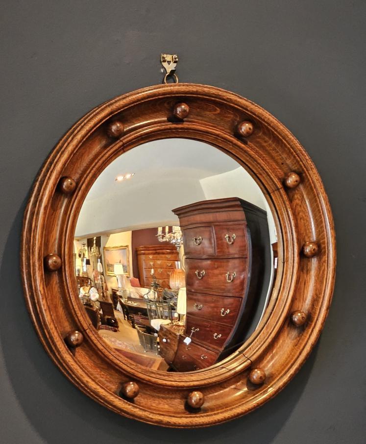 Edwardian Oak Framed Convex Mirror in the Manner of Heals - Image 3