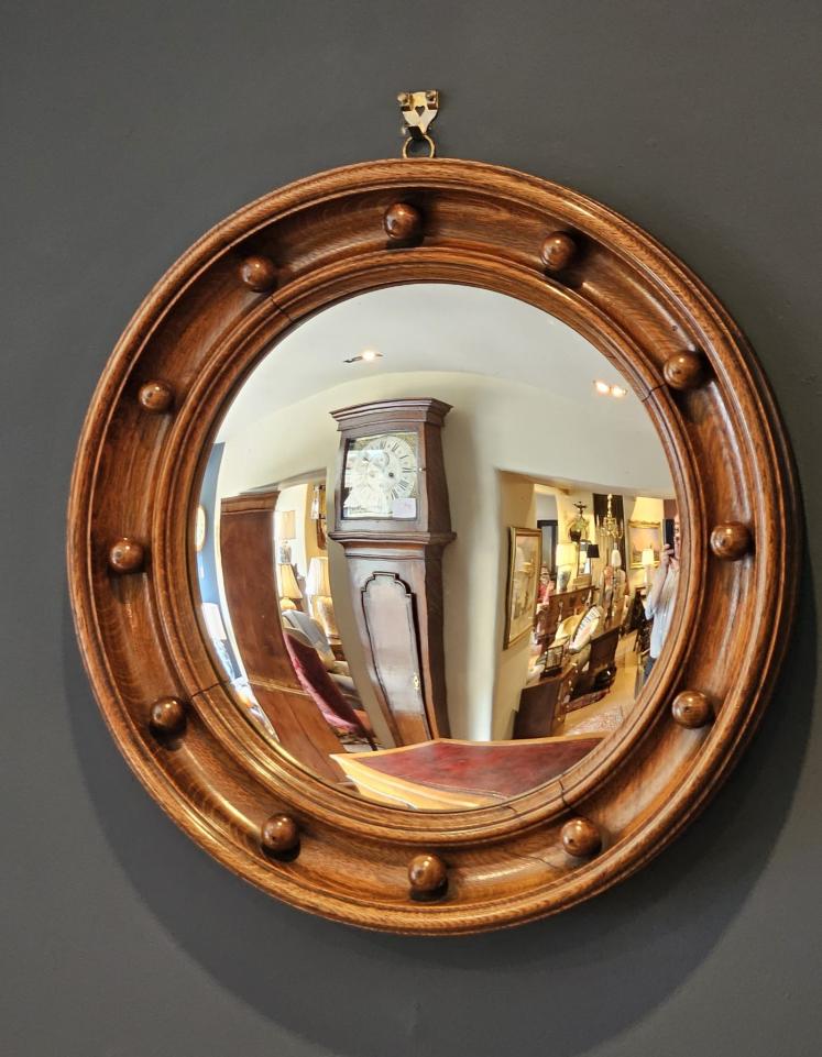 Edwardian Oak Framed Convex Mirror in the Manner of Heals - Image 1