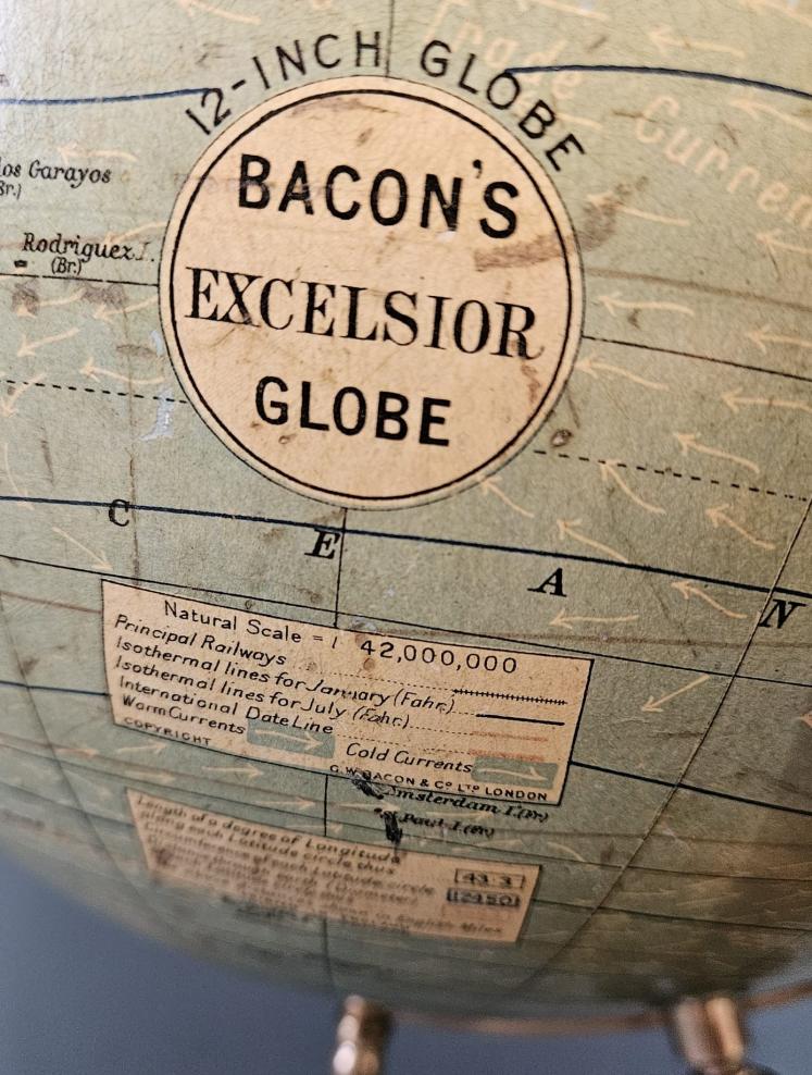 1920's Bacon's 12" Plaster Globe on Walnut Foot - Image 11