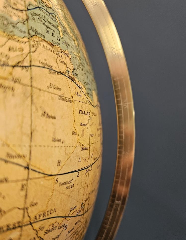 1920's Bacon's 12" Plaster Globe on Walnut Foot - Image 9