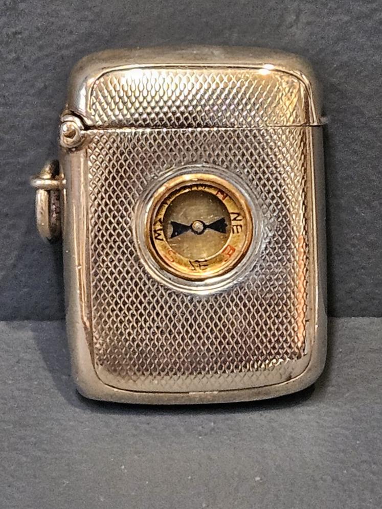 Engine Turned Silver Vesta Case with Inset Compass - Image 1