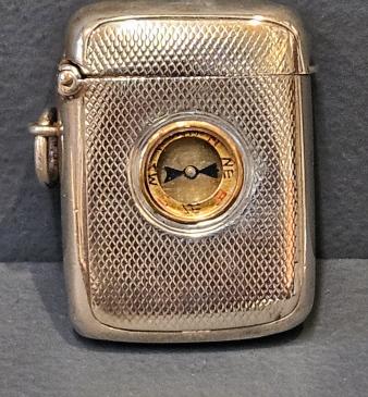 Engine Turned Silver Vesta Case with Inset Compass