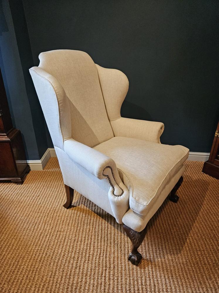Matching Pair of Late Victorian Linen Covered Wing Back Arm Chairs  - Image 7