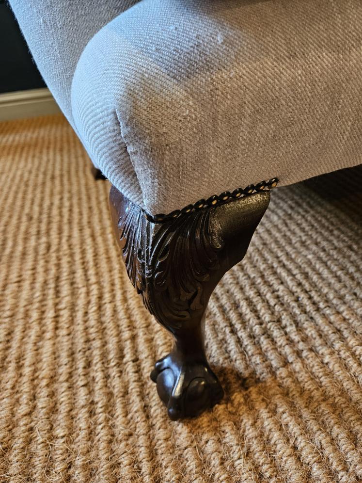 Matching Pair of Late Victorian Linen Covered Wing Back Arm Chairs  - Image 6
