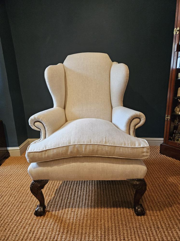 Matching Pair of Late Victorian Linen Covered Wing Back Arm Chairs  - Image 5
