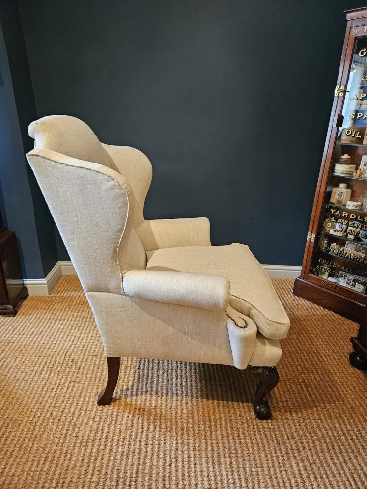 Matching Pair of Late Victorian Linen Covered Wing Back Arm Chairs  - Image 4