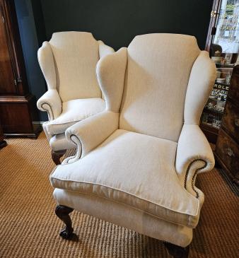 Matching Pair of Late Victorian Linen Covered Wing Back Arm Chairs 