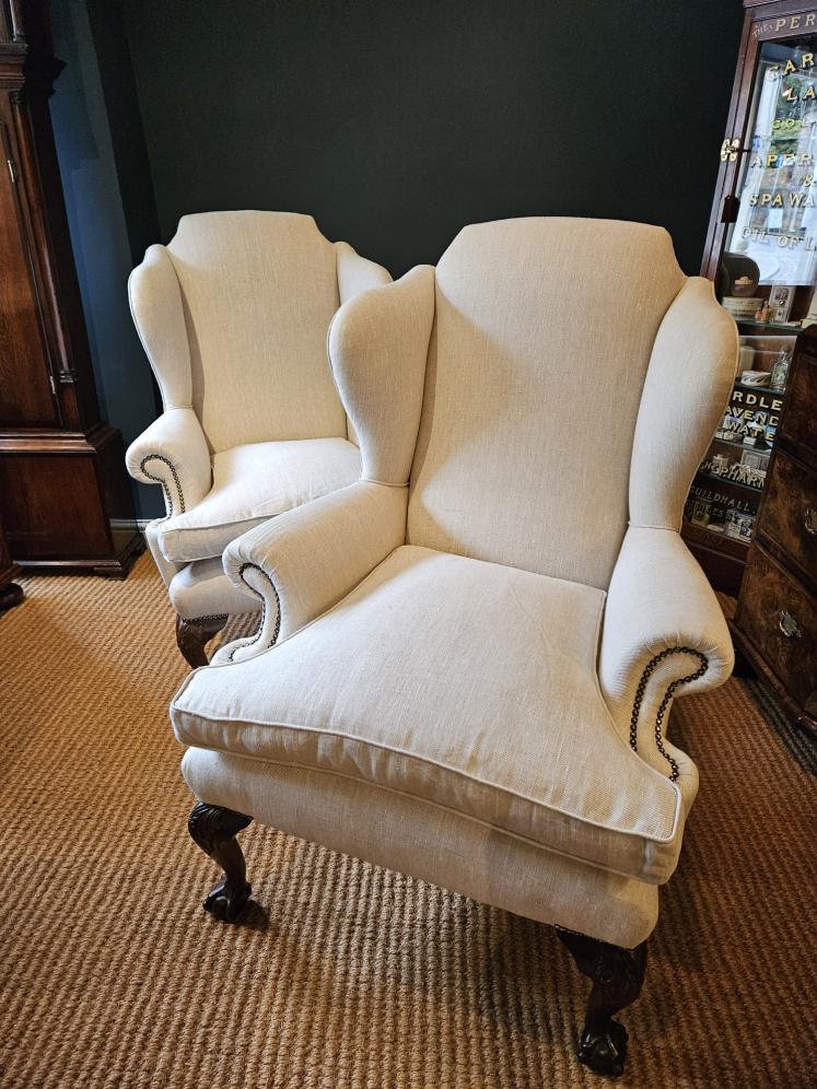 Matching Pair of Late Victorian Linen Covered Wing Back Arm Chairs  - Image 1