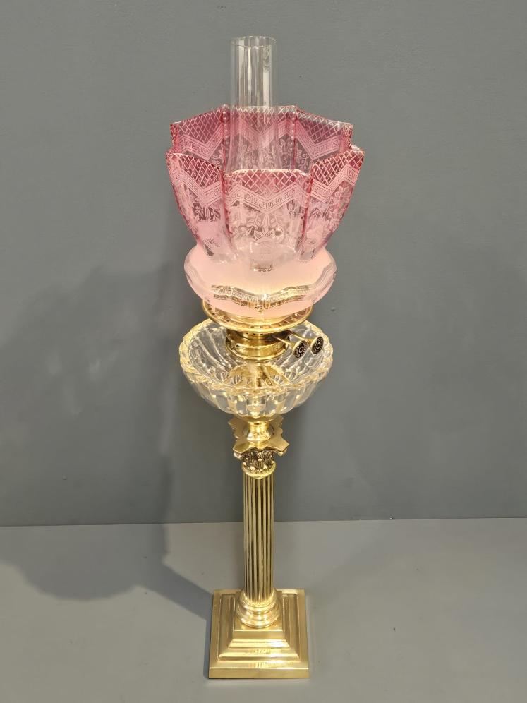 Victorian Corinthian Column Oil Lamp With Cranberry Shade  - Image 10