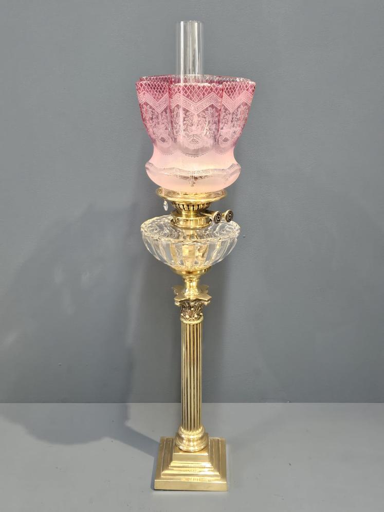Victorian Corinthian Column Oil Lamp With Cranberry Shade  - Image 8