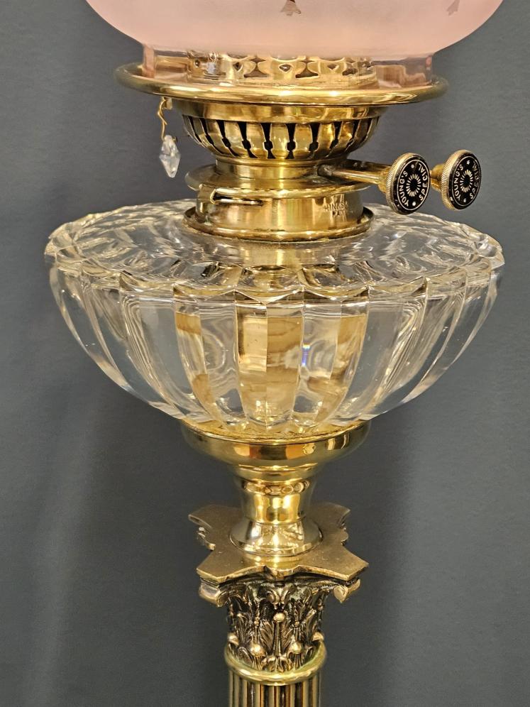 Victorian Corinthian Column Oil Lamp With Cranberry Shade  - Image 7