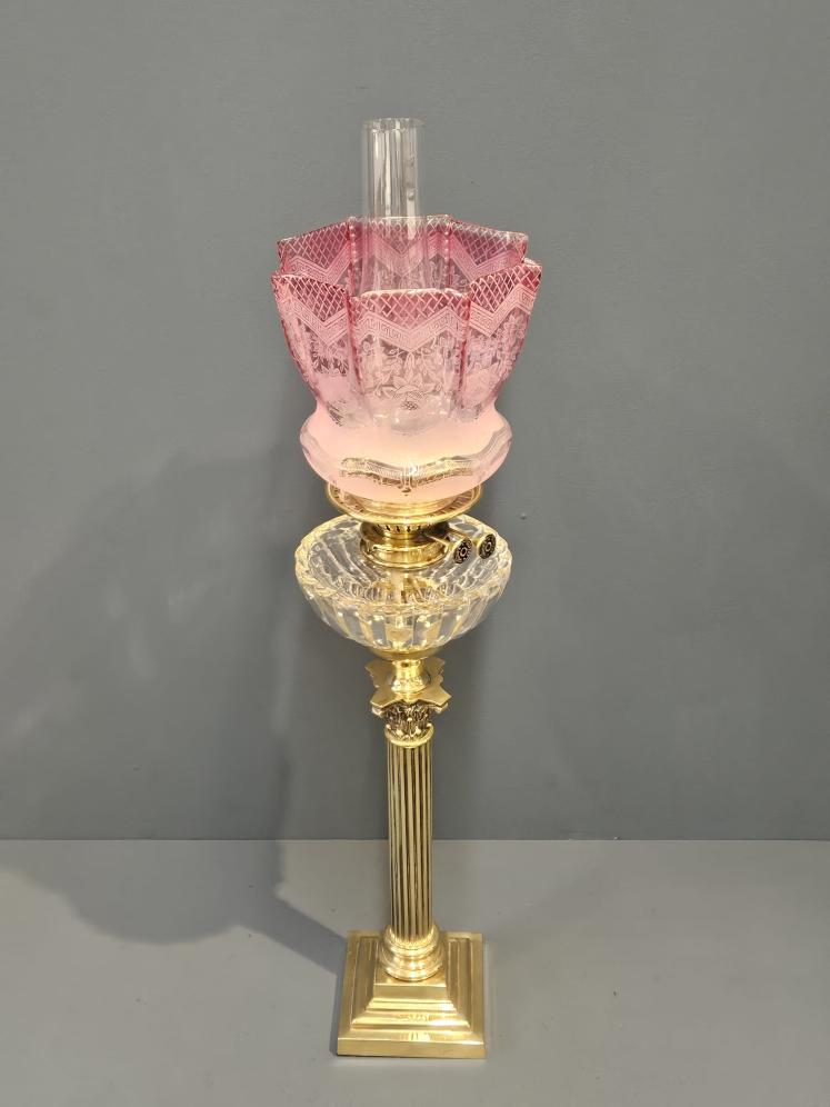 Victorian Corinthian Column Oil Lamp With Cranberry Shade  - Image 2
