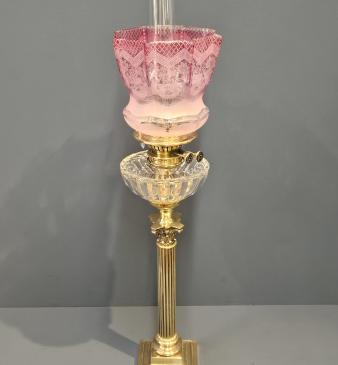 Victorian Corinthian Column Oil Lamp With Cranberry Shade  - Image