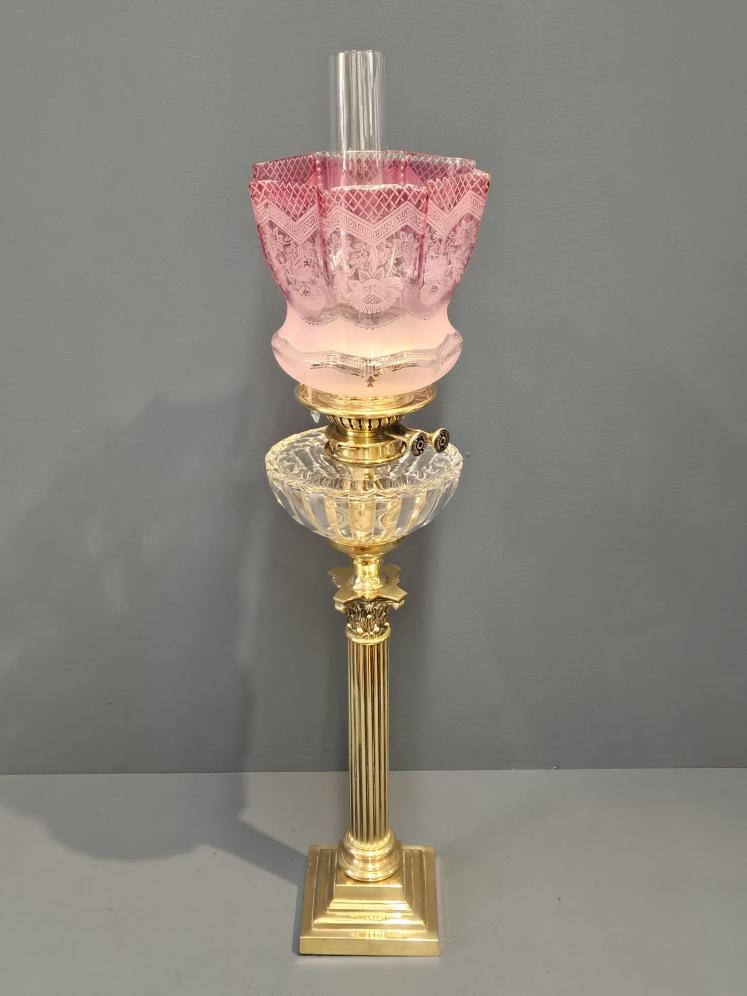 Victorian Corinthian Column Oil Lamp With Cranberry Shade  - Image 1