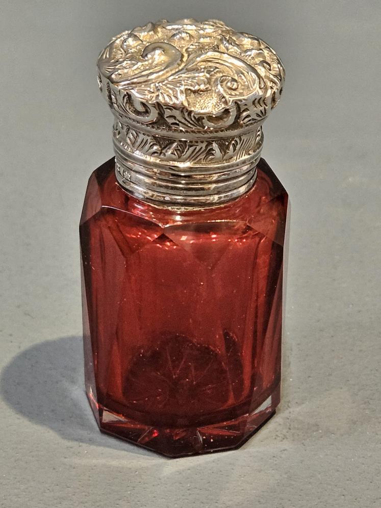 Ruby Glass Silver Top Victorian Scent Bottle  - Image 1
