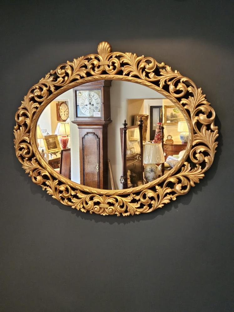 Large Carved Timber Gilt Oval Mirror  - Image 6