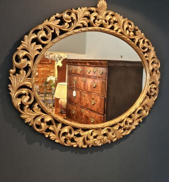 Large Carved Timber Gilt Oval Mirror  - Image