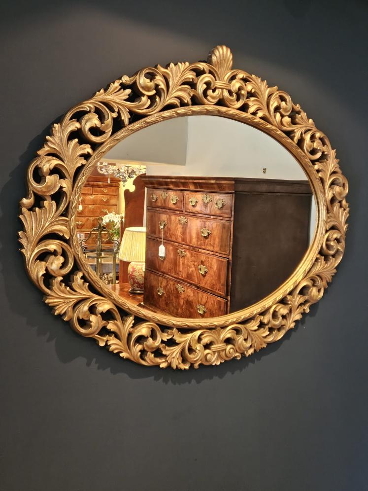 Large Carved Timber Gilt Oval Mirror  - Image 1
