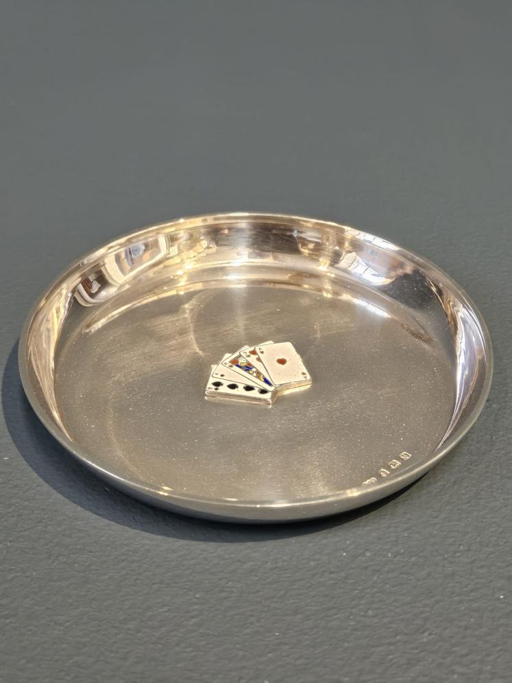Silver Dish with Enamel Playing Card Decoration - Image 1