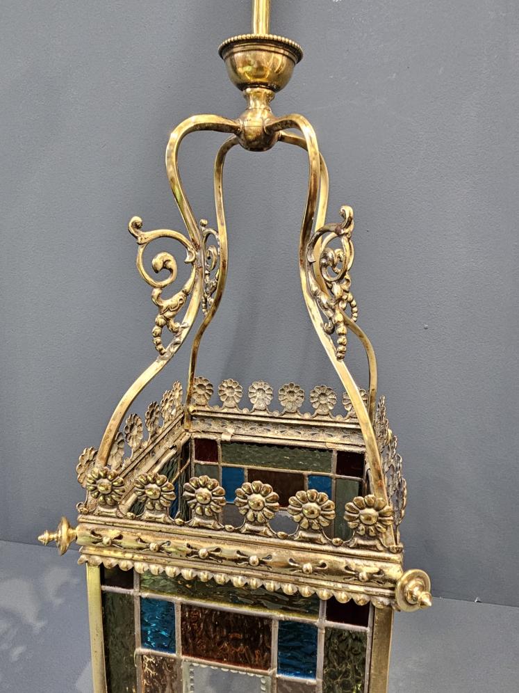 Victorian Brass Framed Lead Glass Lantern - Image 5