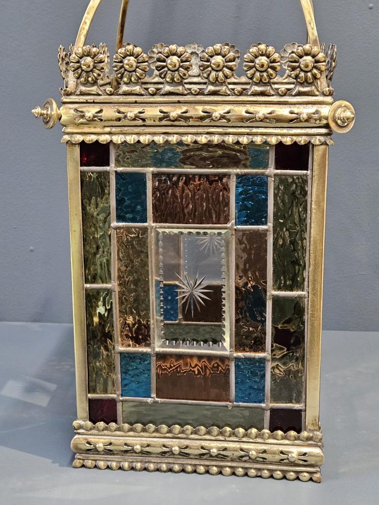 Victorian Brass Framed Lead Glass Lantern - Image 4