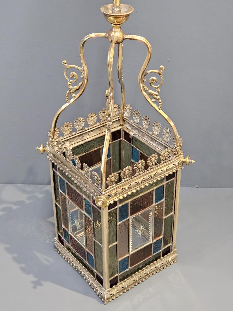 Victorian Brass Framed Lead Glass Lantern - Image 2