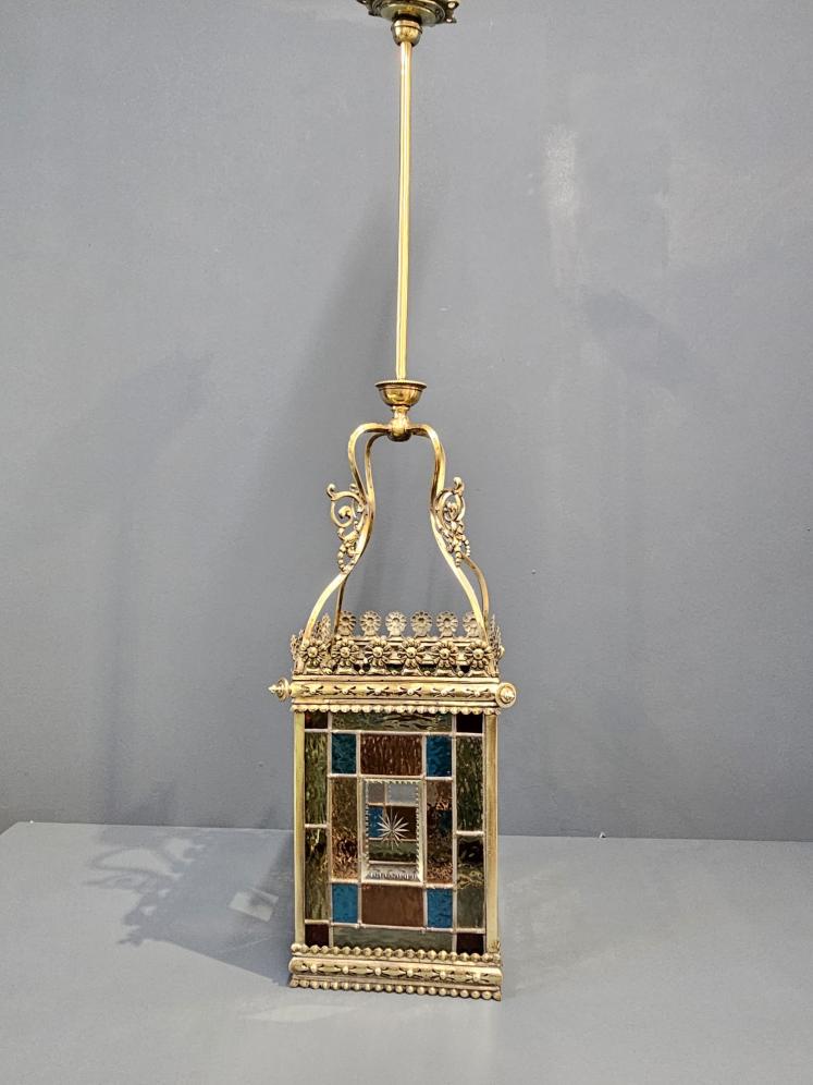 Victorian Brass Framed Lead Glass Lantern - Image 1