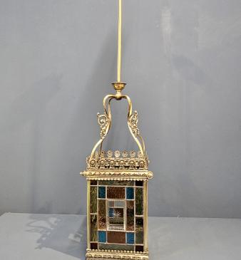 Victorian Brass Framed Lead Glass Lantern - Image