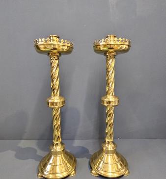 Pair of Large Victorian Brass Church Candlesticks - Image