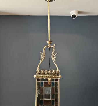 Victorian Brass Framed Lead Glass Lantern - Image