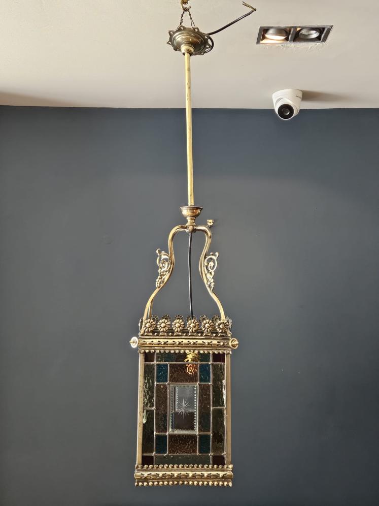 Victorian Brass Framed Lead Glass Lantern - Image 1