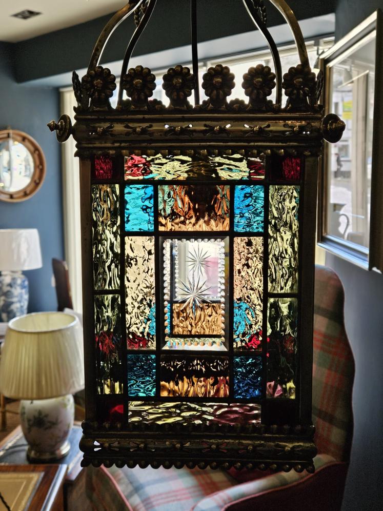 Victorian Brass Framed Lead Glass Lantern - Image 2