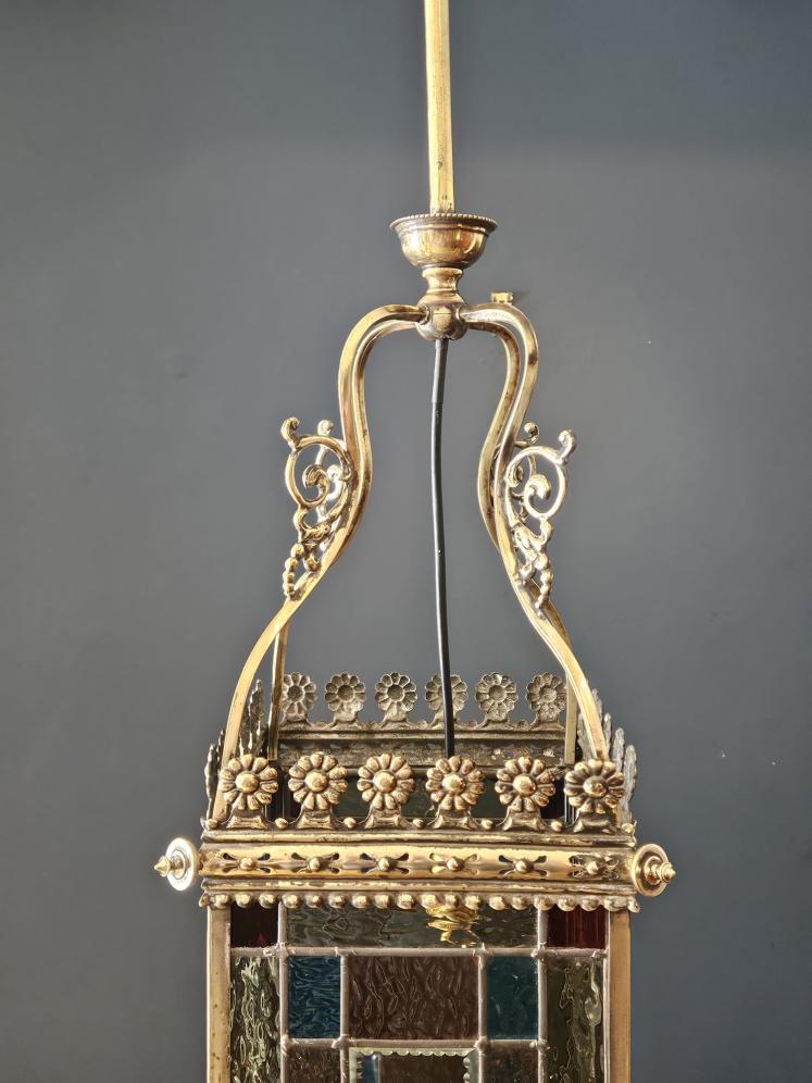 Victorian Brass Framed Lead Glass Lantern - Image 3