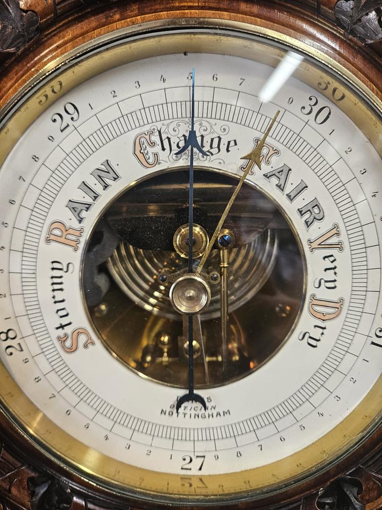 Large Victorian Carved Walnut Skeletonised Aneroid Barometer  - Image 5