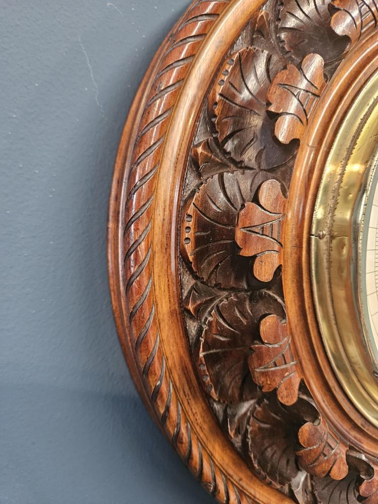 Large Victorian Carved Walnut Skeletonised Aneroid Barometer  - Image 3