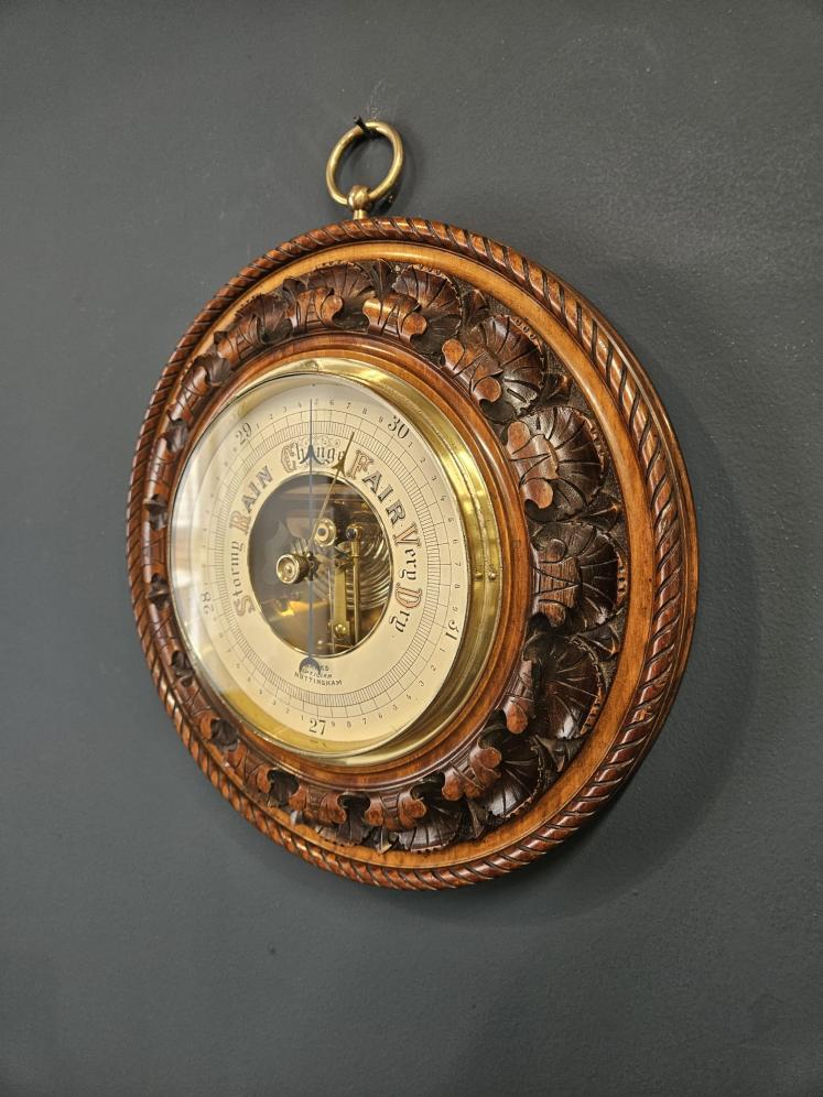 Large Victorian Carved Walnut Skeletonised Aneroid Barometer  - Image 2