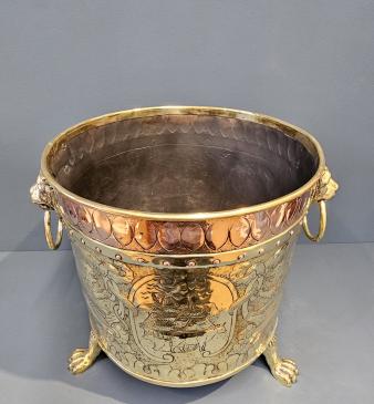 Superb Victorian Embossed Brass Log Bin with Copper Band - Image