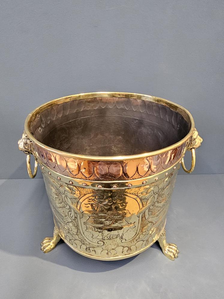 Superb Victorian Embossed Brass Log Bin with Copper Band - Image 1