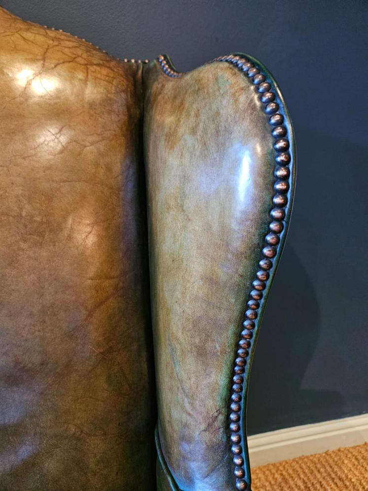 George III Walnut Cabriole Leg Leather Wing Back Arm Chair - Image 9