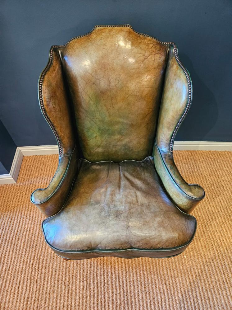 George III Walnut Cabriole Leg Leather Wing Back Arm Chair - Image 8