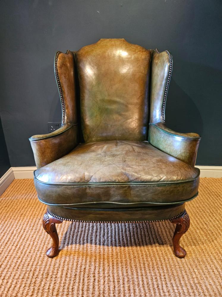 George III Walnut Cabriole Leg Leather Wing Back Arm Chair - Image 7