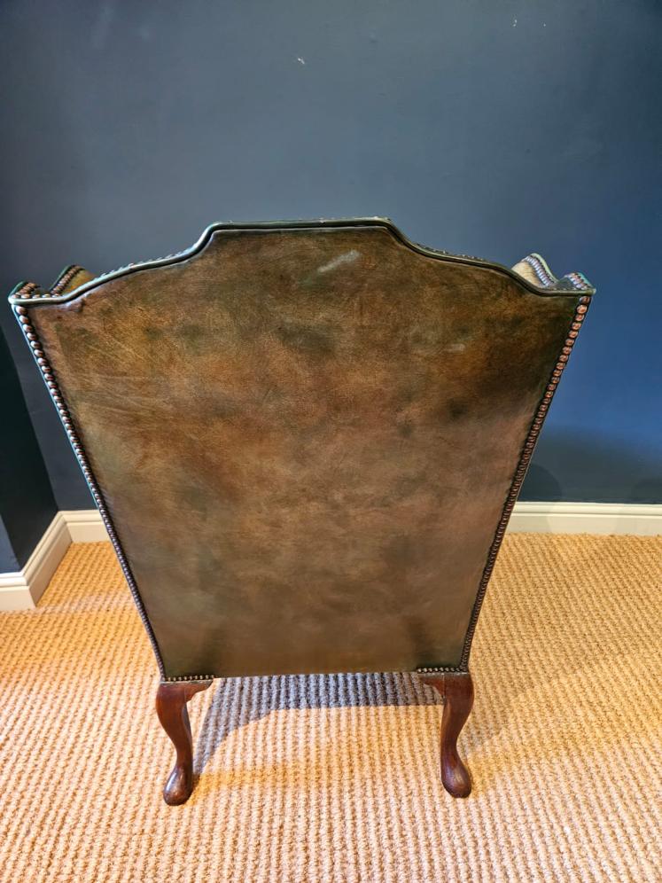 George III Walnut Cabriole Leg Leather Wing Back Arm Chair - Image 6