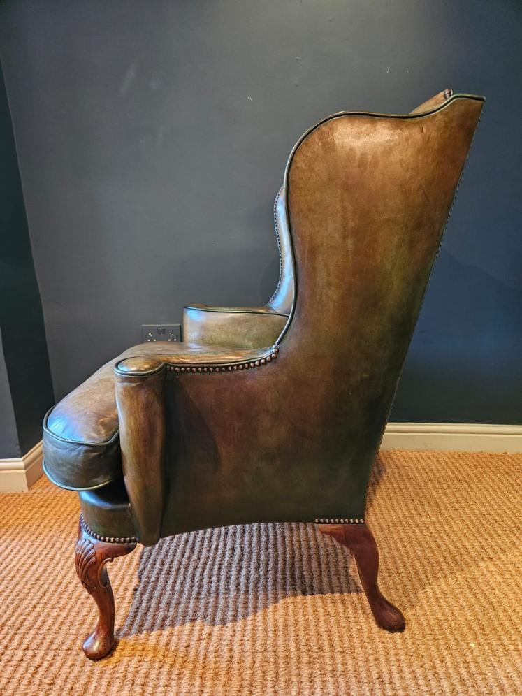 George III Walnut Cabriole Leg Leather Wing Back Arm Chair - Image 4