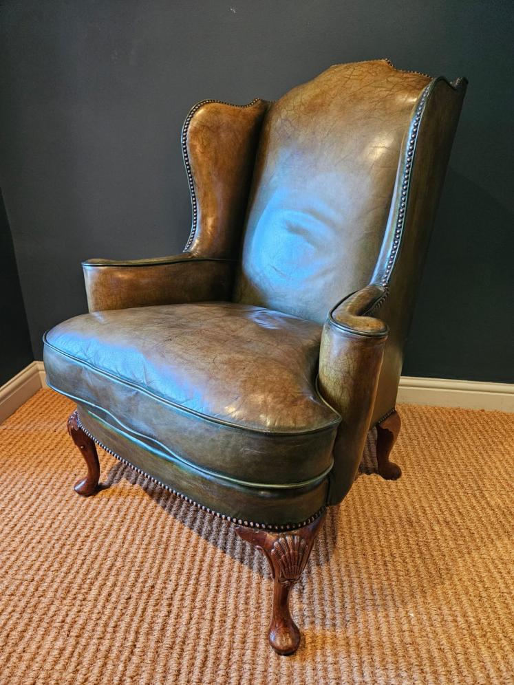 George III Walnut Cabriole Leg Leather Wing Back Arm Chair - Image 3
